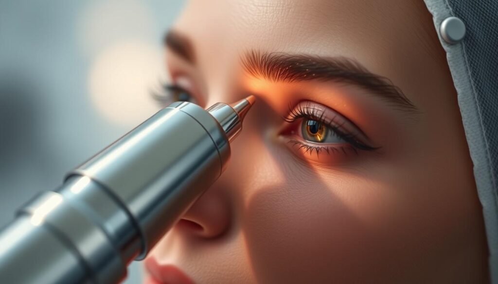 A close-up view of the derBeaute BTL Exion collagen gun, its sleek metallic body gleaming under soft, diffused lighting. The gun's nozzle is positioned precisely over a model's eye area, ready to deliver concentrated collagen-boosting treatments. In the background, a hazy, ethereal backdrop suggests the transformative power of this innovative skin rejuvenation technology. The overall mood is one of clinical precision, scientific advancement, and the promise of youthful, revitalized skin around the eyes. A close-up view of the derBeaute BTL Exion collagen gun, its sleek metallic body gleaming under soft, diffused lighting. The gun's nozzle is positioned precisely over a model's eye area, ready to deliver concentrated collagen-boosting treatments. In the background, a hazy, ethereal backdrop suggests the transformative power of this innovative skin rejuvenation technology. The overall mood is one of clinical precision, scientific advancement, and the promise of youthful, revitalized skin around the eyes.