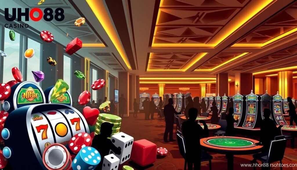 A detailed, colorful infographic displaying various types of casino games found in the UHO88 and similar entertainment platforms. The foreground showcases iconic game symbols like slot machine reels, poker chips, and dice, arranged in a dynamic composition. The middle ground features silhouettes of people engaged in different games, conveying the excitement and social atmosphere of the casino. The background depicts a sleek, modern casino interior with geometric patterns, warm lighting, and a sense of opulence. The overall style is a balance of realism and stylization, with a focus on visual appeal and clarity of information. The image should capture the essence of the entertainment industry and appeal to a wide audience. A detailed, colorful infographic displaying various types of casino games found in the UHO88 and similar entertainment platforms. The foreground showcases iconic game symbols like slot machine reels, poker chips, and dice, arranged in a dynamic composition. The middle ground features silhouettes of people engaged in different games, conveying the excitement and social atmosphere of the casino. The background depicts a sleek, modern casino interior with geometric patterns, warm lighting, and a sense of opulence. The overall style is a balance of realism and stylization, with a focus on visual appeal and clarity of information. The image should capture the essence of the entertainment industry and appeal to a wide audience.