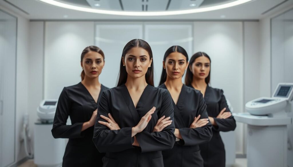 A team of professional derBeaute cosmetic experts in sleek, minimalist uniforms stand before a modern, well-lit clinic interior. The foreground features the team's focused expressions and precise hand movements, demonstrating their skilled BTL Exion treatment techniques. The middle ground showcases the clinic's clean, clinical aesthetic with simple lines and neutral tones, creating a calming, high-end atmosphere. The background subtly hints at advanced medical equipment and technology, reflecting the advanced nature of the derBeaute service. The lighting is soft and diffused, enhancing the sense of professionalism and expertise. Overall, the image conveys the idea of a highly trained, specialized team providing a premium, personalized cosmetic experience. A team of professional derBeaute cosmetic experts in sleek, minimalist uniforms stand before a modern, well-lit clinic interior. The foreground features the team's focused expressions and precise hand movements, demonstrating their skilled BTL Exion treatment techniques. The middle ground showcases the clinic's clean, clinical aesthetic with simple lines and neutral tones, creating a calming, high-end atmosphere. The background subtly hints at advanced medical equipment and technology, reflecting the advanced nature of the derBeaute service. The lighting is soft and diffused, enhancing the sense of professionalism and expertise. Overall, the image conveys the idea of a highly trained, specialized team providing a premium, personalized cosmetic experience.