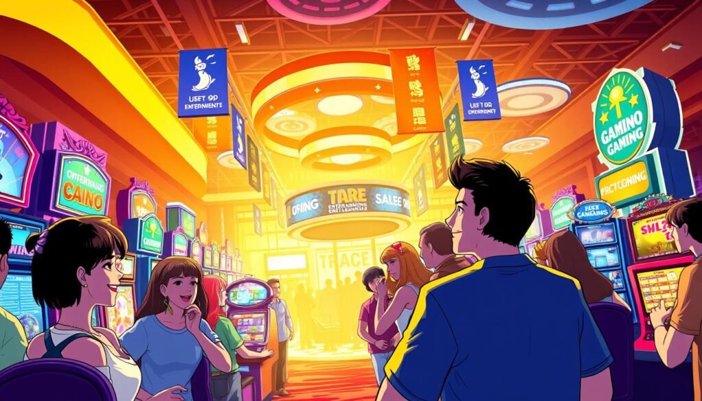 A vibrant illustration showcasing the dynamic entertainment offerings and promotional activities of the UTown gaming establishment. In the foreground, a lively group of patrons engage in various casino games, expressions of excitement and anticipation etched on their faces. The middle ground features an array of colorful banners and signage, highlighting the numerous ongoing promotional events and special offers. In the background, the warm, inviting atmosphere of the UTown gaming floor is captured, with soft, diffused lighting illuminating the scene. The overall composition conveys a sense of energy, excitement, and the thrill of the gaming experience, perfectly reflecting the "AT99 Entertainment City Advancement Techniques" article's section on "UTown Entertainment Promotions and Activities Highlights". A vibrant illustration showcasing the dynamic entertainment offerings and promotional activities of the UTown gaming establishment. In the foreground, a lively group of patrons engage in various casino games, expressions of excitement and anticipation etched on their faces. The middle ground features an array of colorful banners and signage, highlighting the numerous ongoing promotional events and special offers. In the background, the warm, inviting atmosphere of the UTown gaming floor is captured, with soft, diffused lighting illuminating the scene. The overall composition conveys a sense of energy, excitement, and the thrill of the gaming experience, perfectly reflecting the "AT99 Entertainment City Advancement Techniques" article's section on "UTown Entertainment Promotions and Activities Highlights".