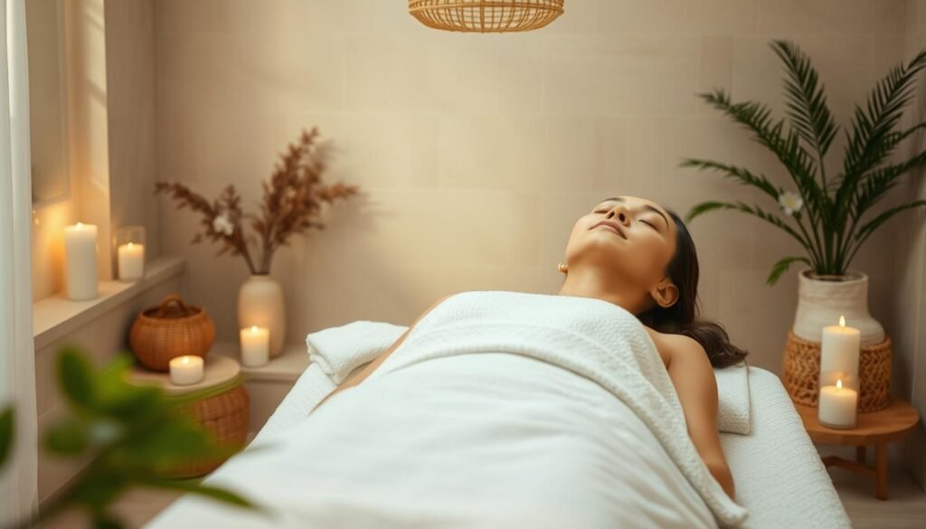 Generate an image of a serene spa environment with a client undergoing Oligio X treatment. Generate an image of a serene spa environment with a client undergoing Oligio X treatment.