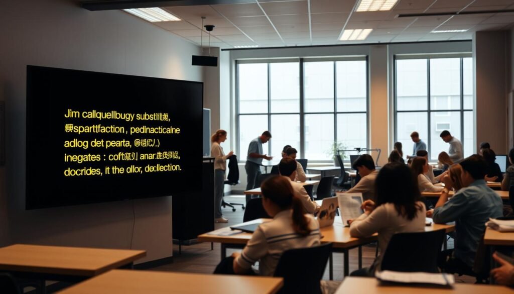 A bustling classroom scene with students and educators engaged in active learning. In the foreground, a large screen displays subtitles in multiple languages, powered by the Aloha captioning system. The middle ground showcases students collaborating at desks, while the background depicts a well-lit, modern educational space with large windows and sleek furnishings. The atmosphere is one of focused productivity, with a sense of technological integration that enhances the learning experience. Soft, warm lighting illuminates the scene, creating an inviting and productive environment.