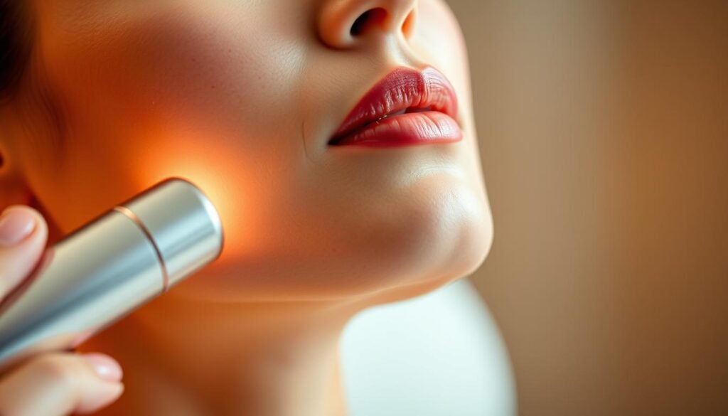 A close-up shot of a woman's face and neck, showcasing the application of the Glowin' Beaute Oligio X 原美電波technology. The image captures the device's sleek, modern design as it gently glides across the subject's skin, emitting a soft, warm glow. The lighting is soft and diffused, creating a serene, spa-like atmosphere. The subject's features are visible, but the focus is on the device and its interaction with the skin, highlighting the technology's effectiveness in addressing skin concerns and enhancing the skin's overall health and defense. The background is blurred, keeping the attention on the central subject matter. A close-up shot of a woman's face and neck, showcasing the application of the Glowin' Beaute Oligio X 原美電波technology. The image captures the device's sleek, modern design as it gently glides across the subject's skin, emitting a soft, warm glow. The lighting is soft and diffused, creating a serene, spa-like atmosphere. The subject's features are visible, but the focus is on the device and its interaction with the skin, highlighting the technology's effectiveness in addressing skin concerns and enhancing the skin's overall health and defense. The background is blurred, keeping the attention on the central subject matter.