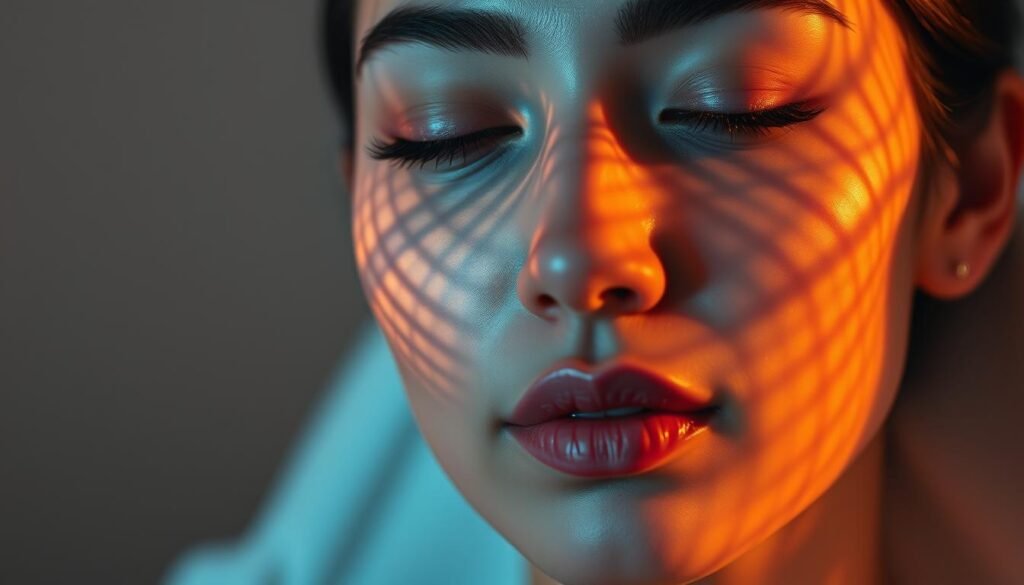 A close-up shot of a woman's face, illuminated by the soft, warm glow of the Glowin Beaute &quot;Oligio X 原美電波&quot; device. The device's sleek, metallic surface reflects the light, casting a mesmerizing pattern of intersecting lines and curves across the skin. The woman's expression is one of calm, as the gentle vibrations of the device work to improve the elasticity and suppleness of her complexion. The lighting is soft and diffused, creating a serene and soothing atmosphere that emphasizes the relaxing and rejuvenating effects of the Oligio X treatment. The background is blurred, keeping the focus on the woman's face and the Glowin Beaute device.