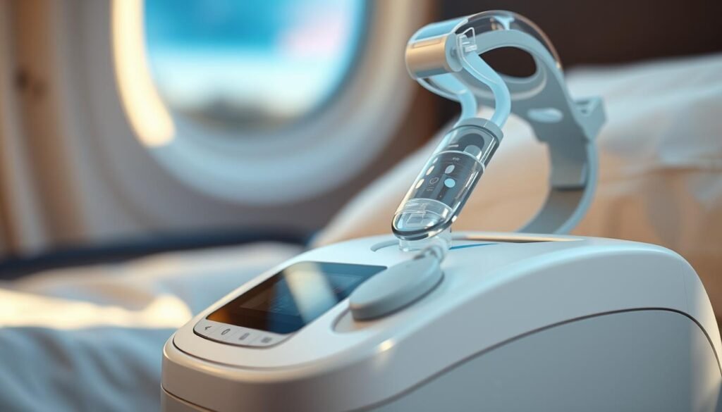 A detailed close-up view of an iCareCPAP sleep apnea machine, showcasing its sleek and modern design. The device is positioned prominently in the foreground, capturing its essential features - the intuitive control panel, adjustable air pressure settings, and the detachable mask. The background is softly blurred, creating a sense of focus on the machine. Warm, natural lighting casts subtle shadows, accentuating the machine's contours and adding depth to the image. The overall atmosphere conveys a sense of ease and comfort, reflecting the device's purpose of providing restful, uninterrupted sleep during long-haul travel.