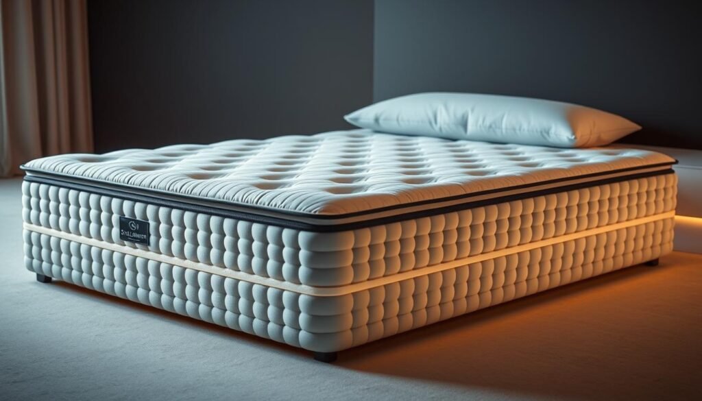 A luxurious, independently pocketed spring mattress in a StylesMaven design. The mattress features a soft, quilted top layer with a tufted pattern, resting atop a sturdy coil system that contours to the body's curves. Warm, directional lighting highlights the mattress's clean lines and plush, inviting texture, creating a serene, high-end atmosphere. The mattress is showcased in a minimalist, modern bedroom setting, allowing its premium quality to take center stage.