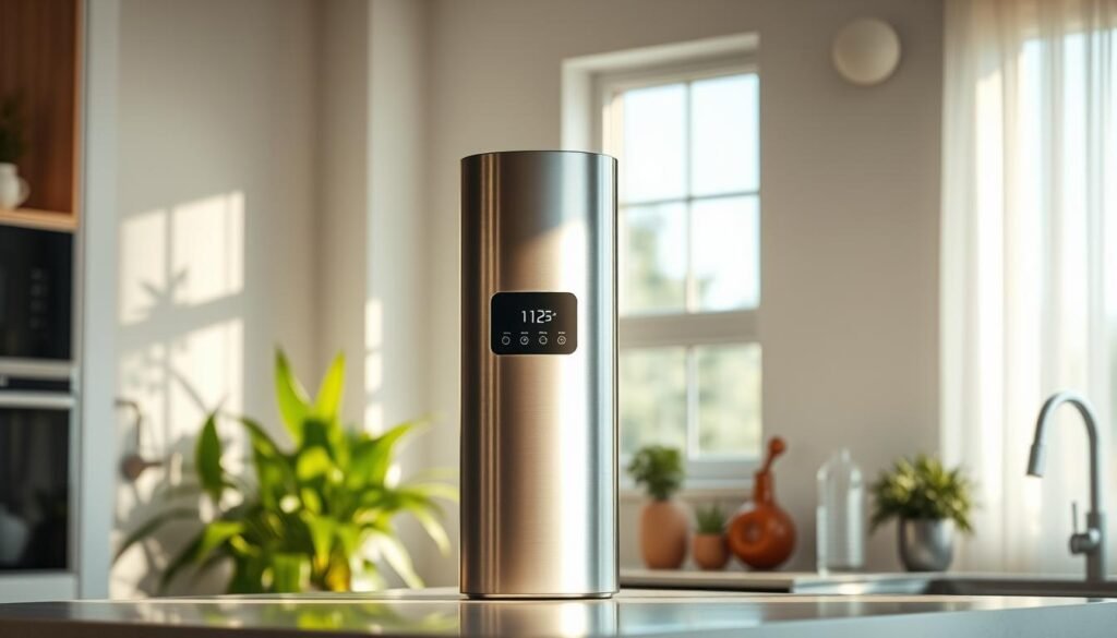 A modern, high-quality water purifier standing prominently in a minimalist, well-lit kitchen. The purifier features a sleek, brushed metal exterior with clean lines and a digital display. Sunlight streams in through nearby windows, casting warm, soft lighting that highlights the purifier's premium materials and elegant design. In the background, lush greenery and natural elements create a serene, nature-inspired atmosphere, emphasizing the purifier's role in providing fresh, healthy water for the contemporary family home. A modern, high-quality water purifier standing prominently in a minimalist, well-lit kitchen. The purifier features a sleek, brushed metal exterior with clean lines and a digital display. Sunlight streams in through nearby windows, casting warm, soft lighting that highlights the purifier's premium materials and elegant design. In the background, lush greenery and natural elements create a serene, nature-inspired atmosphere, emphasizing the purifier's role in providing fresh, healthy water for the contemporary family home.