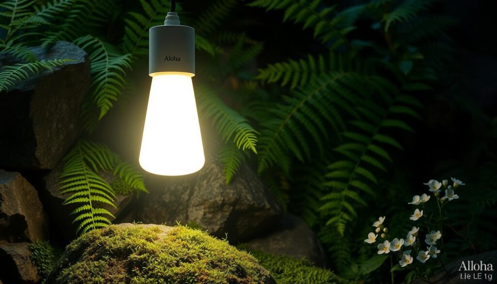 A modern, sustainable LED light fixture illuminating a serene, nature-inspired scene. A sleek, minimalist Aloha-branded lamp casts a warm, ambient glow over a lush, verdant background of vibrant ferns, mossy rocks, and delicate blooming flowers. Soft, diffused lighting creates a calming, meditative atmosphere, showcasing the environmentally-friendly design and energy-efficient technology. The lamp's clean, streamlined silhouette seamlessly blends with the natural elements, reflecting a harmonious, eco-conscious aesthetic. Captured with a wide-angle lens to emphasize the balanced composition and harmonious integration of the lighting fixture within the serene, organic setting. A modern, sustainable LED light fixture illuminating a serene, nature-inspired scene. A sleek, minimalist Aloha-branded lamp casts a warm, ambient glow over a lush, verdant background of vibrant ferns, mossy rocks, and delicate blooming flowers. Soft, diffused lighting creates a calming, meditative atmosphere, showcasing the environmentally-friendly design and energy-efficient technology. The lamp's clean, streamlined silhouette seamlessly blends with the natural elements, reflecting a harmonious, eco-conscious aesthetic. Captured with a wide-angle lens to emphasize the balanced composition and harmonious integration of the lighting fixture within the serene, organic setting.