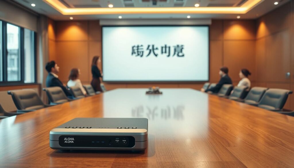 A professional-grade conference room with a large projection screen at the front, showcasing a clear and crisp display of "字幕機應用示例". The room is well-lit with a combination of warm, natural lighting from large windows and focused task lighting, creating a pleasant and productive atmosphere. In the foreground, a sleek, modern-looking Aloha brand subtitle/caption generator device is placed on a polished wood table, its controls and interface clearly visible. The middle ground features a group of attentive individuals, dressed in business casual attire, engaged in a presentation or discussion. The background depicts a minimalist, yet sophisticated interior design with clean lines, neutral colors, and subtle accents, conveying a sense of professionalism and attention to detail. A professional-grade conference room with a large projection screen at the front, showcasing a clear and crisp display of "字幕機應用示例". The room is well-lit with a combination of warm, natural lighting from large windows and focused task lighting, creating a pleasant and productive atmosphere. In the foreground, a sleek, modern-looking Aloha brand subtitle/caption generator device is placed on a polished wood table, its controls and interface clearly visible. The middle ground features a group of attentive individuals, dressed in business casual attire, engaged in a presentation or discussion. The background depicts a minimalist, yet sophisticated interior design with clean lines, neutral colors, and subtle accents, conveying a sense of professionalism and attention to detail.