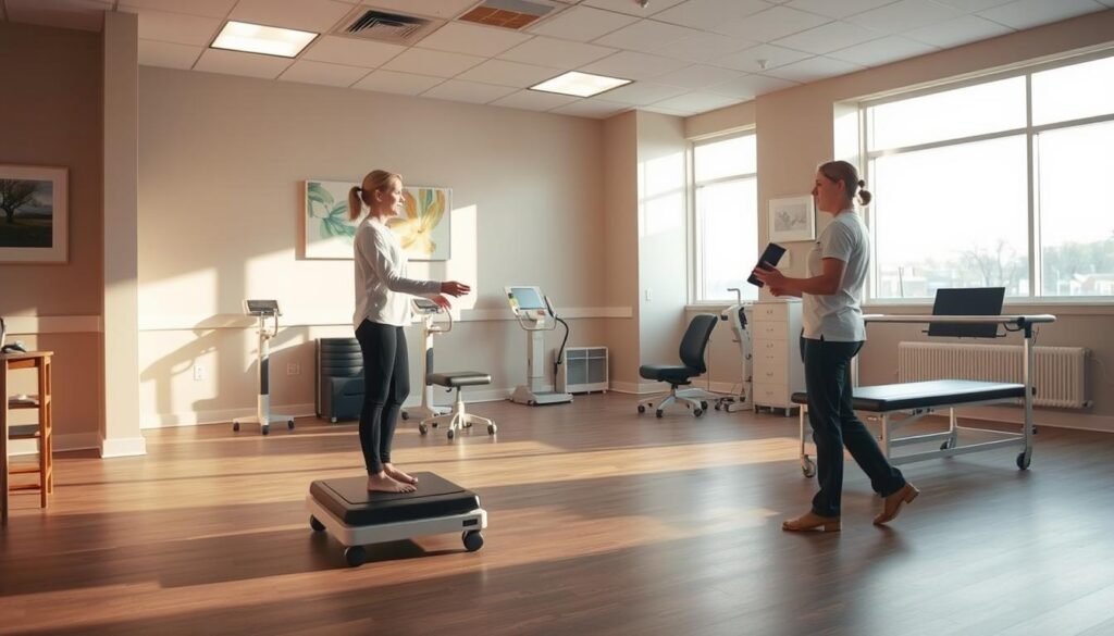A serene and calming medical clinic interior, bathed in warm, natural lighting from large windows. In the foreground, a patient is performing balancing exercises on a specially-designed platform, as a physical therapist observes and guides them. The middle ground showcases various rehabilitation equipment, meticulously arranged to facilitate a comprehensive vestibular recovery program. The background depicts soothing, neutral-toned walls adorned with soothing artwork, creating an atmosphere of healing and tranquility. The scene conveys a sense of focused, professional care tailored to addressing the challenges of inner ear imbalance, with an emphasis on personalized, evidence-based treatment. A serene and calming medical clinic interior, bathed in warm, natural lighting from large windows. In the foreground, a patient is performing balancing exercises on a specially-designed platform, as a physical therapist observes and guides them. The middle ground showcases various rehabilitation equipment, meticulously arranged to facilitate a comprehensive vestibular recovery program. The background depicts soothing, neutral-toned walls adorned with soothing artwork, creating an atmosphere of healing and tranquility. The scene conveys a sense of focused, professional care tailored to addressing the challenges of inner ear imbalance, with an emphasis on personalized, evidence-based treatment.