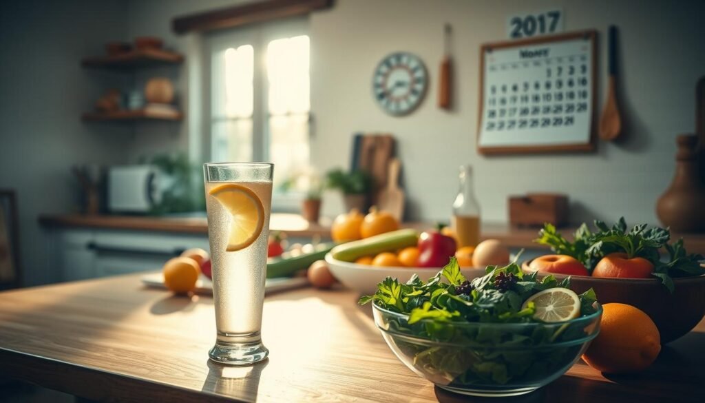 A tranquil kitchen scene with a variety of fresh fruits, vegetables, and herbs arranged neatly on a wooden table. Soft natural lighting from a nearby window bathes the scene in a warm, golden glow. In the foreground, a glass of water with sliced lemon sits alongside a bowl of mixed greens, symbolizing the importance of hydration and a balanced diet for maintaining inner ear health and equilibrium. In the background, a wall-mounted calendar displays the current date, underscoring the role of lifestyle adjustments in addressing vertigo and other vestibular disorders. The overall atmosphere conveys a sense of serenity and wellness, guiding the viewer towards natural, holistic solutions for "耳水不平衡". A tranquil kitchen scene with a variety of fresh fruits, vegetables, and herbs arranged neatly on a wooden table. Soft natural lighting from a nearby window bathes the scene in a warm, golden glow. In the foreground, a glass of water with sliced lemon sits alongside a bowl of mixed greens, symbolizing the importance of hydration and a balanced diet for maintaining inner ear health and equilibrium. In the background, a wall-mounted calendar displays the current date, underscoring the role of lifestyle adjustments in addressing vertigo and other vestibular disorders. The overall atmosphere conveys a sense of serenity and wellness, guiding the viewer towards natural, holistic solutions for "耳水不平衡".
