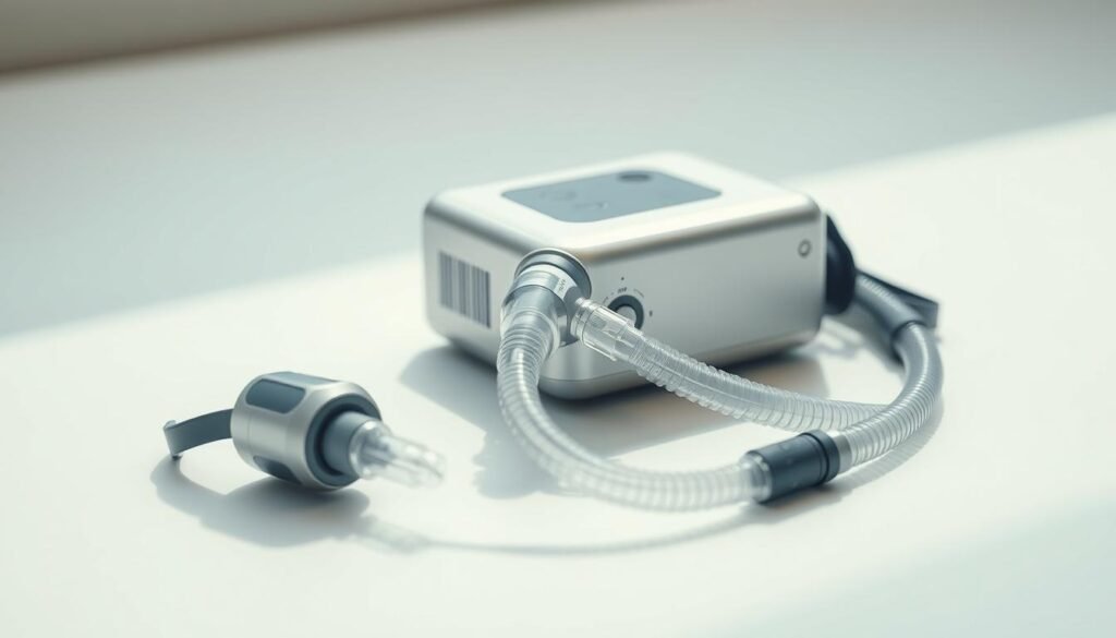 A well-lit, detailed close-up shot of a portable iCareCPAP sleep apnea machine and breathing apparatus, showcasing their sleek, modern design. The machine is positioned on a clean, minimalist surface, with the breathing mask and tubing artfully arranged around it. The lighting accentuates the subtle textures and metallic accents, creating a sense of high-quality craftsmanship. The overall composition conveys a sense of travel-readiness and ease of use, reflecting the guide's focus on maintaining these devices during long journeys. A well-lit, detailed close-up shot of a portable iCareCPAP sleep apnea machine and breathing apparatus, showcasing their sleek, modern design. The machine is positioned on a clean, minimalist surface, with the breathing mask and tubing artfully arranged around it. The lighting accentuates the subtle textures and metallic accents, creating a sense of high-quality craftsmanship. The overall composition conveys a sense of travel-readiness and ease of use, reflecting the guide's focus on maintaining these devices during long journeys.