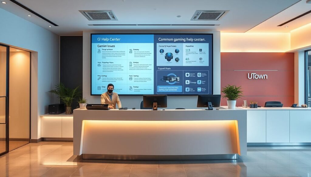 An image of a modern, well-designed gaming help center with a clean, minimalist aesthetic. The space features a front desk staffed by friendly, knowledgeable representatives of the UTown entertainment brand. Behind the desk, a large interactive display showcases common gaming issues and their solutions in a clear, visually appealing manner. The lighting is warm and inviting, creating a comfortable atmosphere. The overall scene conveys a sense of professionalism, efficiency, and a genuine commitment to customer support from the UTown team. An image of a modern, well-designed gaming help center with a clean, minimalist aesthetic. The space features a front desk staffed by friendly, knowledgeable representatives of the UTown entertainment brand. Behind the desk, a large interactive display showcases common gaming issues and their solutions in a clear, visually appealing manner. The lighting is warm and inviting, creating a comfortable atmosphere. The overall scene conveys a sense of professionalism, efficiency, and a genuine commitment to customer support from the UTown team.