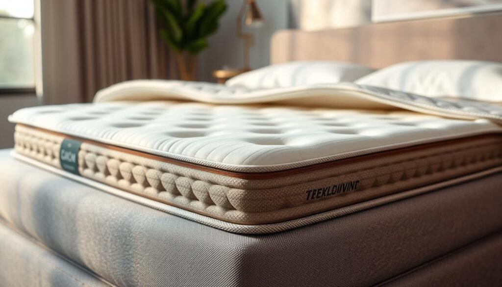 Intricate independent pocket spring mattress with a soft, breathable fabric cover. Layers of high-density foam and individually encased coils provide targeted support and pressure relief for a restful night's sleep. Sleek, modern design by StylesMaven with a minimalist aesthetic. Warm, natural lighting accentuates the plush, inviting texture. Captured from an oblique angle to showcase the mattress's thoughtful construction and premium materials. Intricate independent pocket spring mattress with a soft, breathable fabric cover. Layers of high-density foam and individually encased coils provide targeted support and pressure relief for a restful night's sleep. Sleek, modern design by StylesMaven with a minimalist aesthetic. Warm, natural lighting accentuates the plush, inviting texture. Captured from an oblique angle to showcase the mattress's thoughtful construction and premium materials.