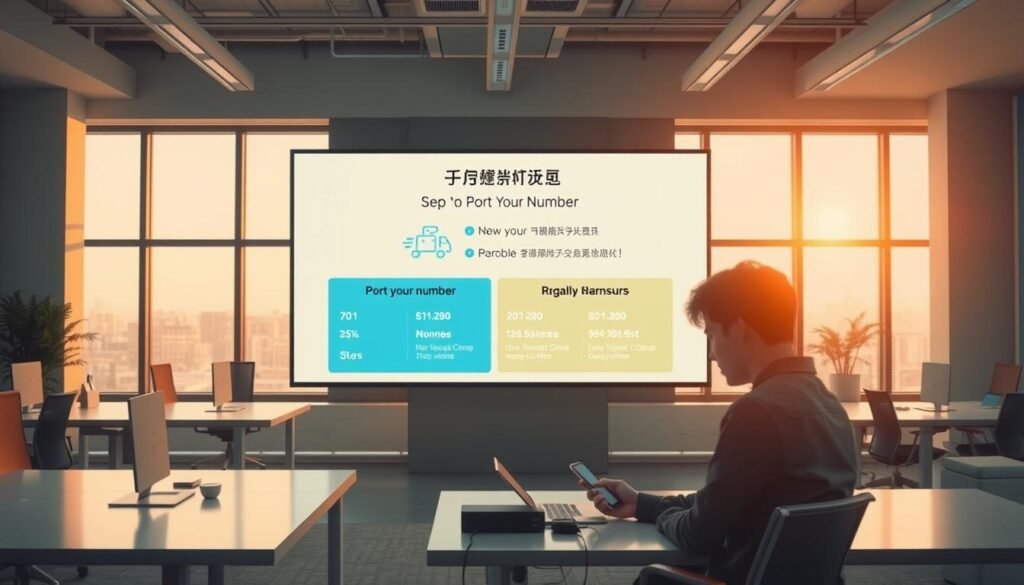 Telecombrother's "先體驗後付款" mobile plan switching promotion. A modern office interior with sleek desks, minimal decor, and large windows bathed in warm, natural light. In the foreground, a person sits at a desk, examining a smartphone with interest. Behind them, a large display screen showcases the plan details, including the step-by-step process for porting a number and the key benefits. The overall mood is one of efficiency, simplicity, and consumer-friendliness, reflecting the new, hassle-free approach to mobile plan switching. Telecombrother's "先體驗後付款" mobile plan switching promotion. A modern office interior with sleek desks, minimal decor, and large windows bathed in warm, natural light. In the foreground, a person sits at a desk, examining a smartphone with interest. Behind them, a large display screen showcases the plan details, including the step-by-step process for porting a number and the key benefits. The overall mood is one of efficiency, simplicity, and consumer-friendliness, reflecting the new, hassle-free approach to mobile plan switching.