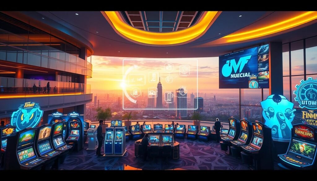 UTown Entertainment City game features, showcasing the vibrant and immersive gaming experience. A wide-angle shot highlighting the modern, well-designed lobby with sleek, futuristic architecture and ambient lighting. In the foreground, various gaming stations and interactive displays, enticing players to explore the diverse range of games and entertainment options. The middle ground features a large, holographic projection showcasing the unique gameplay mechanics and special features of the UTown platform. The background depicts a serene, cityscape vista, emphasizing the integration of the entertainment hub within the urban environment. Crisp, high-resolution details, a balanced composition, and an overall sense of technological sophistication and excitement to capture the essence of the UTown Entertainment City gaming experience. UTown Entertainment City game features, showcasing the vibrant and immersive gaming experience. A wide-angle shot highlighting the modern, well-designed lobby with sleek, futuristic architecture and ambient lighting. In the foreground, various gaming stations and interactive displays, enticing players to explore the diverse range of games and entertainment options. The middle ground features a large, holographic projection showcasing the unique gameplay mechanics and special features of the UTown platform. The background depicts a serene, cityscape vista, emphasizing the integration of the entertainment hub within the urban environment. Crisp, high-resolution details, a balanced composition, and an overall sense of technological sophistication and excitement to capture the essence of the UTown Entertainment City gaming experience.