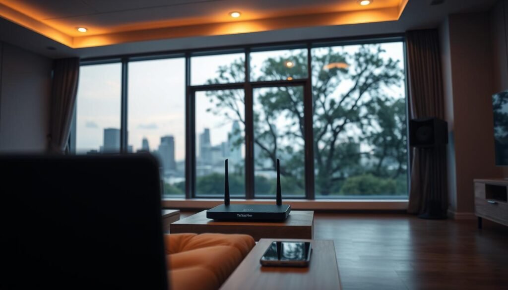 A cozy Wi-Fi optimization setup in a minimalist home interior. Warm lighting from recessed ceiling fixtures illuminates a sleek, modern Telecombrother router on a wooden side table. In the foreground, a laptop and smartphone are connected, conveying a sense of seamless connectivity. The background features a large window overlooking a serene, tree-lined city skyline. The overall atmosphere is one of efficiency, tranquility, and technological harmony. A cozy Wi-Fi optimization setup in a minimalist home interior. Warm lighting from recessed ceiling fixtures illuminates a sleek, modern Telecombrother router on a wooden side table. In the foreground, a laptop and smartphone are connected, conveying a sense of seamless connectivity. The background features a large window overlooking a serene, tree-lined city skyline. The overall atmosphere is one of efficiency, tranquility, and technological harmony.