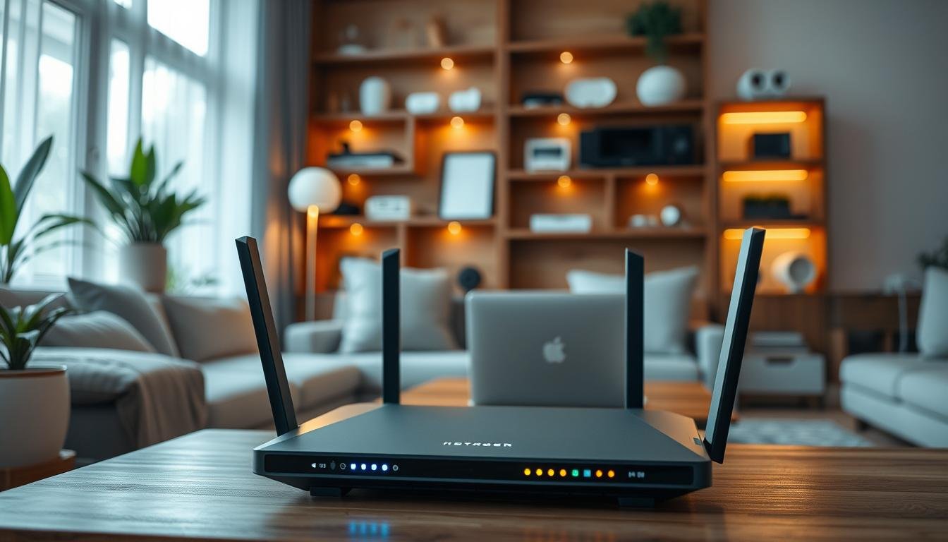 A cozy, well-lit home interior showcasing a variety of modern networking devices. In the foreground, a sleek Telecombrother router takes center stage, its LED indicator lights glowing softly. In the middle ground, a laptop and smartphone are positioned, illustrating the seamless connectivity enabled by the high-speed Wi-Fi network. The background features neatly arranged shelves displaying various smart home gadgets, creating a sense of a technologically-advanced, yet harmonious living space. The overall scene conveys a sense of efficiency, optimization, and the potential to enhance one's home internet experience without incurring additional costs.