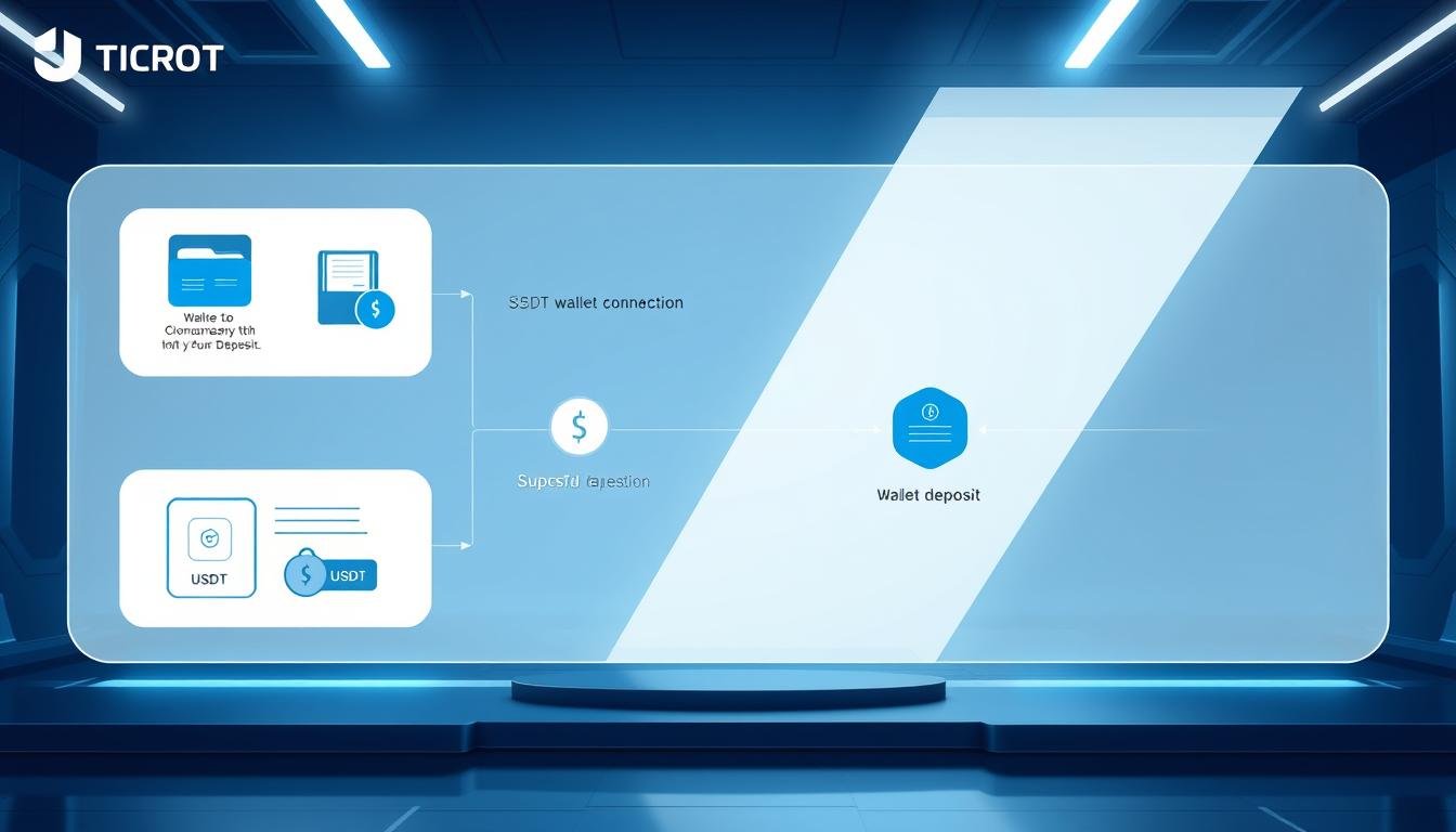 A detailed illustration of the USDT deposit process for an online gaming platform. Showcase the step-by-step wallet setup and transaction flow against a sleek, futuristic backdrop featuring the UTown brand. Depict the user's journey from wallet connection to successful deposit, with clean vector graphics, minimalist UI elements, and a color palette of blues and grays to convey a sense of security and efficiency. Emphasize the ease and convenience of the USDT transaction process through intuitive iconography and a well-organized, balanced composition.