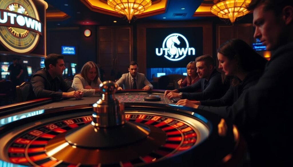 A dimly lit casino interior, with a close-up view of a roulette table in the foreground. The table is surrounded by players intently focused on the spinning wheel, their expressions a mix of anticipation and concentration. In the background, a UTown logo is visible on the wall, subtly indicating the setting. The scene is illuminated by warm, moody lighting, creating an atmosphere of high-stakes excitement and strategic decision-making.
