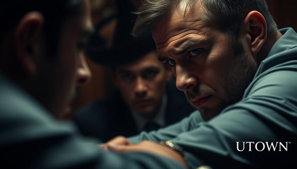 A focused, pensive gaze observes the opponent's every move, studying their patterns and tells. Subtle shifts in body language, the rhythm of their actions - all clues to be meticulously analyzed. The scene is rendered in a moody, cinematic style, with dramatic lighting and a sense of contemplative intensity. UTown logo discreetly placed in the corner.
