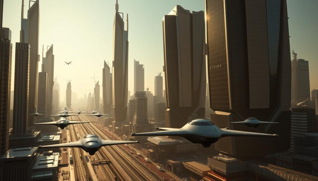 A futuristic cityscape featuring towering skyscrapers with sleek, angular designs, casting long shadows across a bustling urban landscape. The scene is bathed in a warm, golden glow, hinting at the advanced technological capabilities of this UTown. In the foreground, a network of hovering transport pods and drones create a sense of dynamic movement, while in the background, the silhouettes of high-speed rail lines and satellite dishes suggest a highly interconnected, forward-looking society. The overall atmosphere conveys a vision of a prosperous, technologically-advanced future. A futuristic cityscape featuring towering skyscrapers with sleek, angular designs, casting long shadows across a bustling urban landscape. The scene is bathed in a warm, golden glow, hinting at the advanced technological capabilities of this UTown. In the foreground, a network of hovering transport pods and drones create a sense of dynamic movement, while in the background, the silhouettes of high-speed rail lines and satellite dishes suggest a highly interconnected, forward-looking society. The overall atmosphere conveys a vision of a prosperous, technologically-advanced future.