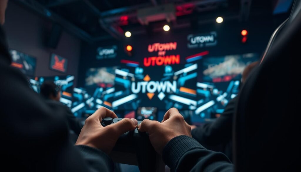 A high-stakes live video game session, filled with strategic maneuvers and intense concentration. In the foreground, a player's hands deftly manipulate gaming controls, showcasing the precision and quick reflexes required to outmaneuver opponents. The middle ground features a UTown-branded gaming setup, complete with a sleek display and modern peripherals, creating an immersive and professional atmosphere. The background subtly blends subtle lighting effects and dynamic camera angles, heightening the sense of drama and suspense. The overall mood is one of determination, focus, and the thrill of competitive gameplay, capturing the essence of "how to increase your win rate in live video games: the top five strategies and techniques that top players don't share."