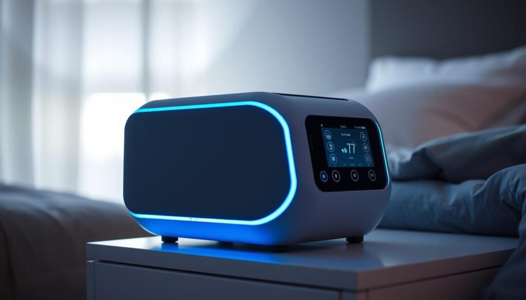 A high-tech iCareCPAP sleep apnea machine, its sleek gray casing illuminated by soft blue lighting. The device sits atop a minimalist, white nightstand, casting a gentle glow on the surrounding area. The machine's control panel is visible, with intuitive touchscreen interfaces and customizable settings. In the background, a serene, blurred bedroom scene with muted colors and soft shadows, creating a calming, therapeutic atmosphere for a good night's sleep. A high-tech iCareCPAP sleep apnea machine, its sleek gray casing illuminated by soft blue lighting. The device sits atop a minimalist, white nightstand, casting a gentle glow on the surrounding area. The machine's control panel is visible, with intuitive touchscreen interfaces and customizable settings. In the background, a serene, blurred bedroom scene with muted colors and soft shadows, creating a calming, therapeutic atmosphere for a good night's sleep.