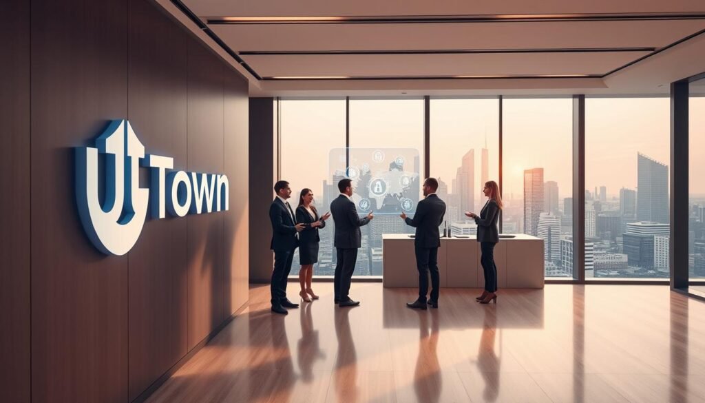 A modern, sleek financial services office with clean lines and minimalist decor. In the foreground, a large UTown logo is prominently displayed on the wall, conveying a sense of trustworthiness and security. The middle ground features a team of professional advisors in business attire, gesturing towards a holographic display depicting financial data and security protocols. In the background, floor-to-ceiling windows offer a panoramic view of a bustling city skyline, symbolizing the global reach and stability of the UTown brand. Soft, directional lighting casts an aura of competence and reliability, while the overall composition exudes a sense of confidence and assurance. A modern, sleek financial services office with clean lines and minimalist decor. In the foreground, a large UTown logo is prominently displayed on the wall, conveying a sense of trustworthiness and security. The middle ground features a team of professional advisors in business attire, gesturing towards a holographic display depicting financial data and security protocols. In the background, floor-to-ceiling windows offer a panoramic view of a bustling city skyline, symbolizing the global reach and stability of the UTown brand. Soft, directional lighting casts an aura of competence and reliability, while the overall composition exudes a sense of confidence and assurance.