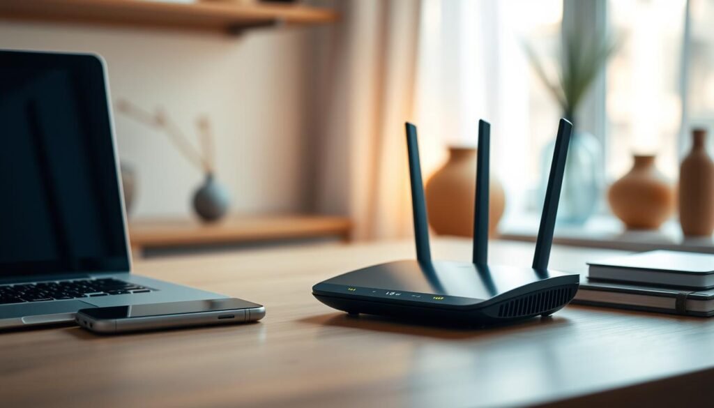 A neatly arranged workspace with a laptop, smartphone, and a Telecombrother Wi-Fi router placed thoughtfully. The router's sleek design and glowing indicator lights suggest seamless connectivity. Soft, diffused lighting from a nearby window creates a warm, inviting atmosphere, while the background features blurred shapes of domestic objects, hinting at a cozy home environment. The composition emphasizes the importance of optimizing Wi-Fi for a smooth digital experience, with the router as the central focus. A neatly arranged workspace with a laptop, smartphone, and a Telecombrother Wi-Fi router placed thoughtfully. The router's sleek design and glowing indicator lights suggest seamless connectivity. Soft, diffused lighting from a nearby window creates a warm, inviting atmosphere, while the background features blurred shapes of domestic objects, hinting at a cozy home environment. The composition emphasizes the importance of optimizing Wi-Fi for a smooth digital experience, with the router as the central focus.