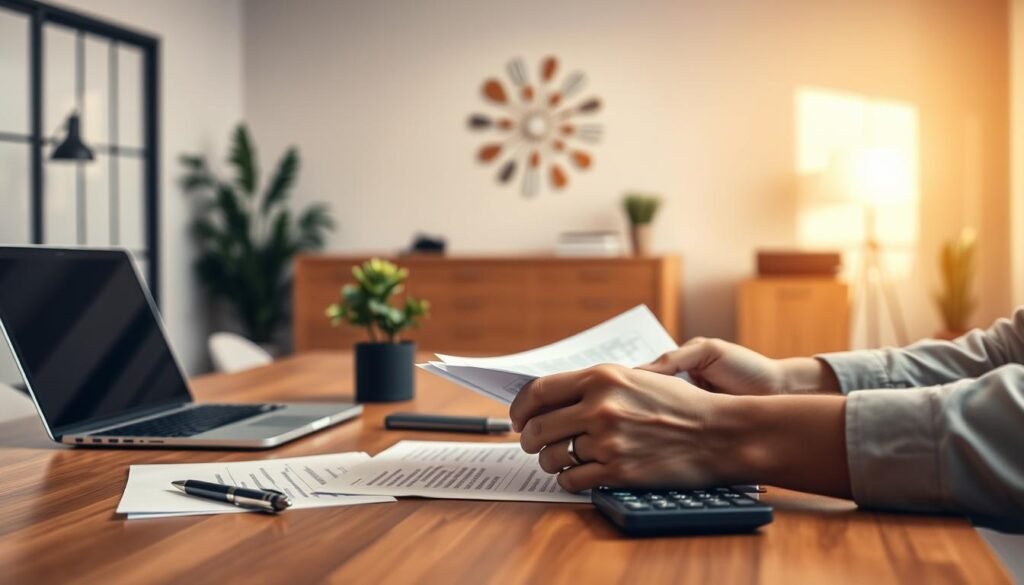 A serene office interior with a wooden desk, a laptop, and a stack of documents, conveying the atmosphere of a private lending business. The lighting is warm and inviting, creating a sense of professionalism and trustworthiness. In the foreground, a pair of hands carefully reviewing financial documents, symbolizing the careful consideration of loan applications. The middle ground features a potted plant, a pen, and a calculator, suggesting the attention to detail and financial acumen required in the lending process. The background showcases a minimalist wall decor, projecting a clean and organized environment. The overall composition evokes a sense of reliability and personalized service associated with private small-scale lending.
