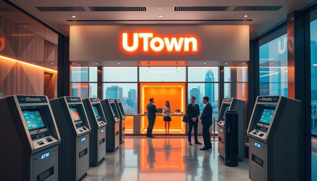 A sleek, modern banking hall with a bold "UTown" logo prominently displayed. The interior is bathed in warm, ambient lighting, creating a welcoming atmosphere. In the foreground, a row of state-of-the-art ATM machines stand ready, their screens inviting users to initiate seamless, 24/7 transactions. The middle ground features a team of attentive, smartly-dressed customer service representatives, ready to assist with any inquiries. In the background, a panoramic window offers a cityscape view, emphasizing the round-the-clock availability of this comprehensive financial services hub. A sleek, modern banking hall with a bold "UTown" logo prominently displayed. The interior is bathed in warm, ambient lighting, creating a welcoming atmosphere. In the foreground, a row of state-of-the-art ATM machines stand ready, their screens inviting users to initiate seamless, 24/7 transactions. The middle ground features a team of attentive, smartly-dressed customer service representatives, ready to assist with any inquiries. In the background, a panoramic window offers a cityscape view, emphasizing the round-the-clock availability of this comprehensive financial services hub.