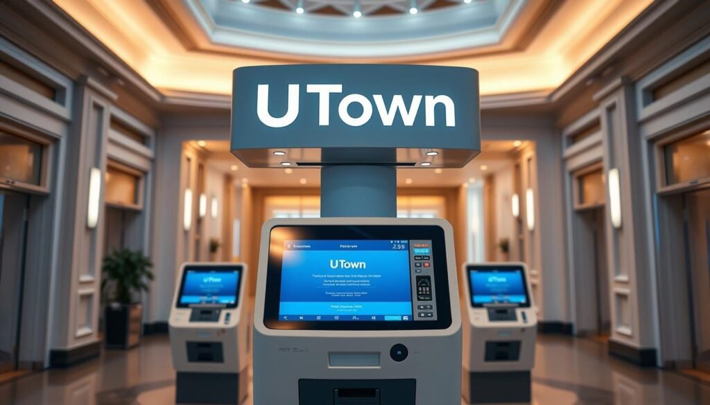 A sleek, modern banking terminal with the UTown logo prominently displayed. The interface showcases seamless integration of deposit and withdrawal systems, with intuitive touchscreen controls and a minimalist aesthetic. Soft, ambient lighting casts a warm glow, creating a sense of trust and reliability. The terminal is positioned in a clean, spacious lobby, with architectural details that convey a sense of sophistication and professionalism. The overall scene radiates efficiency, security, and a commitment to customer-centric banking solutions. A sleek, modern banking terminal with the UTown logo prominently displayed. The interface showcases seamless integration of deposit and withdrawal systems, with intuitive touchscreen controls and a minimalist aesthetic. Soft, ambient lighting casts a warm glow, creating a sense of trust and reliability. The terminal is positioned in a clean, spacious lobby, with architectural details that convey a sense of sophistication and professionalism. The overall scene radiates efficiency, security, and a commitment to customer-centric banking solutions.