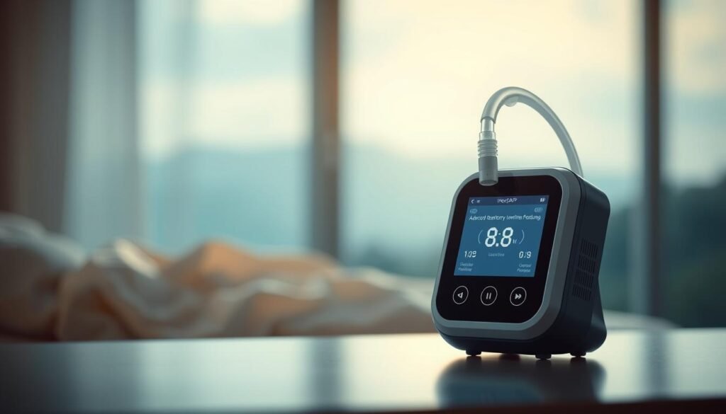 A sleek, modern-looking iCareCPAP device with a minimalist design and a digital display showcasing advanced respiratory monitoring and adjustment features. The device is positioned in the foreground, with a soft, diffused lighting creating a warm, inviting atmosphere. In the background, there is a blurred, serene landscape suggesting a peaceful, restful environment suitable for sleep therapy. The image conveys the intelligent, adaptable nature of the sleep apnea treatment technology, highlighting its user-friendly interface and seamless integration into a comfortable, therapeutic setting. A sleek, modern-looking iCareCPAP device with a minimalist design and a digital display showcasing advanced respiratory monitoring and adjustment features. The device is positioned in the foreground, with a soft, diffused lighting creating a warm, inviting atmosphere. In the background, there is a blurred, serene landscape suggesting a peaceful, restful environment suitable for sleep therapy. The image conveys the intelligent, adaptable nature of the sleep apnea treatment technology, highlighting its user-friendly interface and seamless integration into a comfortable, therapeutic setting.