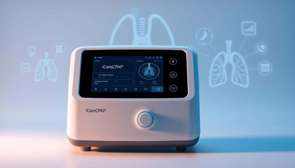 A sleek, modern-looking medical device with a clean, minimalist design and intuitive user interface. The device has a touch screen display, various sensors, and adjustable settings, showcasing the advanced "iCareCPAP" intelligent pressure regulation technology. The device is positioned in the foreground, with a soft, soothing blue-toned lighting creating a calming atmosphere. In the background, there are stylized representations of lungs, airways, and sleep-related icons, emphasizing the device's application in sleep apnea treatment. The overall composition conveys a sense of technological sophistication, medical precision, and patient-centric design.