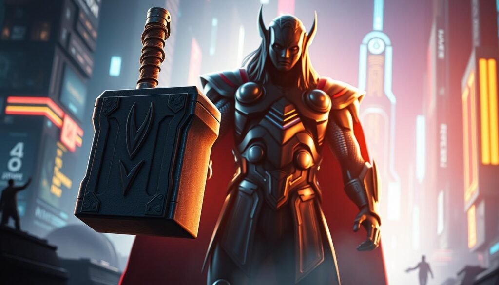 A striking digital illustration of the "UTown Thor Test Version" showcasing its powerful Norse god-inspired design. In the foreground, the mighty hammer Mjolnir stands tall, its metallic surface gleaming under dramatic lighting. The middle ground features the bold, angular silhouette of the Thor-inspired character, clad in a sleek, high-tech battle armor. The background is a futuristic, neon-infused cityscape, hinting at the advanced technological setting of the "UTown" world. The overall tone is one of raw power, innovation, and a touch of sci-fi mysticism.