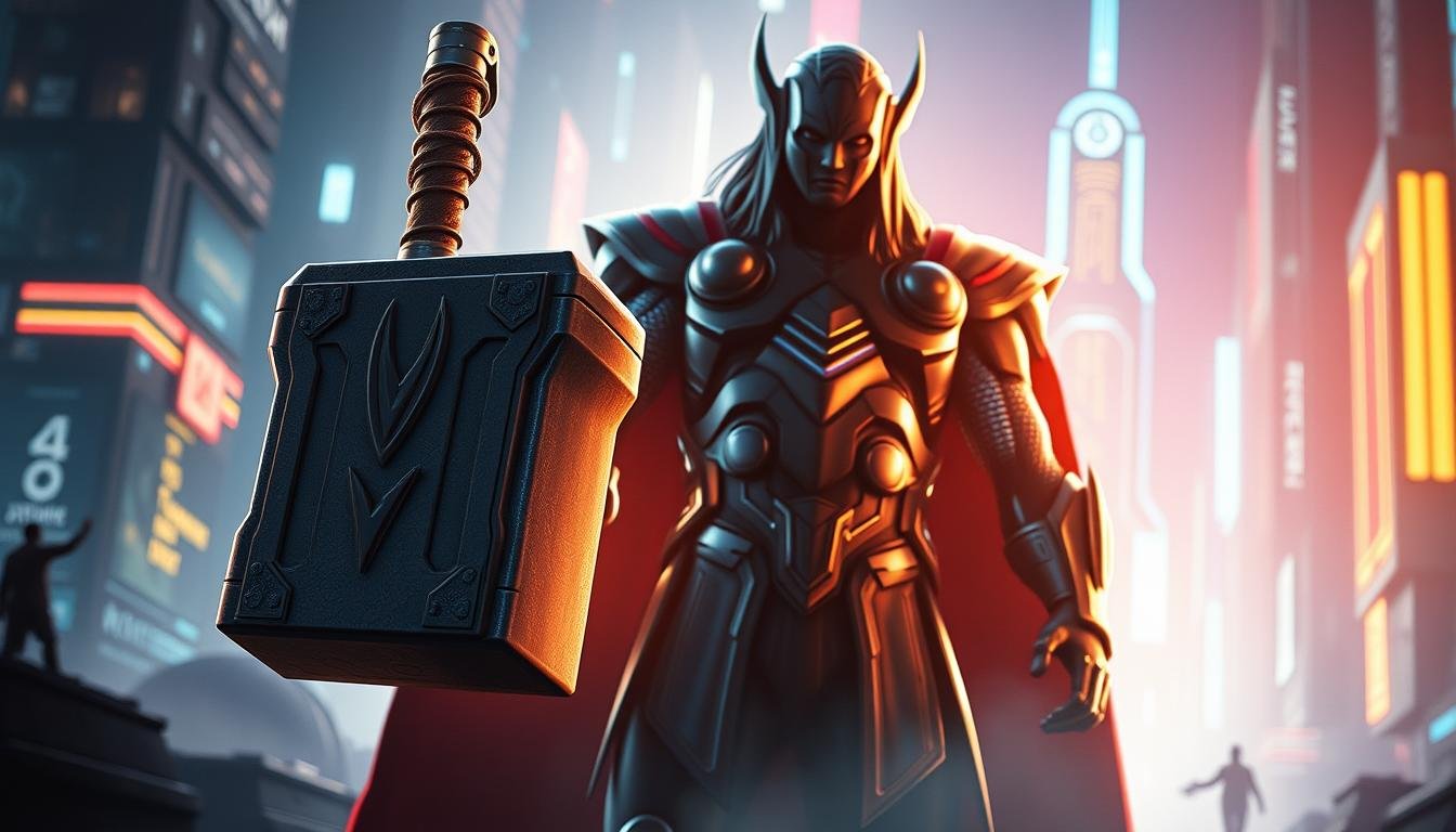 A striking digital illustration of the "UTown Thor Test Version" showcasing its powerful Norse god-inspired design. In the foreground, the mighty hammer Mjolnir stands tall, its metallic surface gleaming under dramatic lighting. The middle ground features the bold, angular silhouette of the Thor-inspired character, clad in a sleek, high-tech battle armor. The background is a futuristic, neon-infused cityscape, hinting at the advanced technological setting of the "UTown" world. The overall tone is one of raw power, innovation, and a touch of sci-fi mysticism.