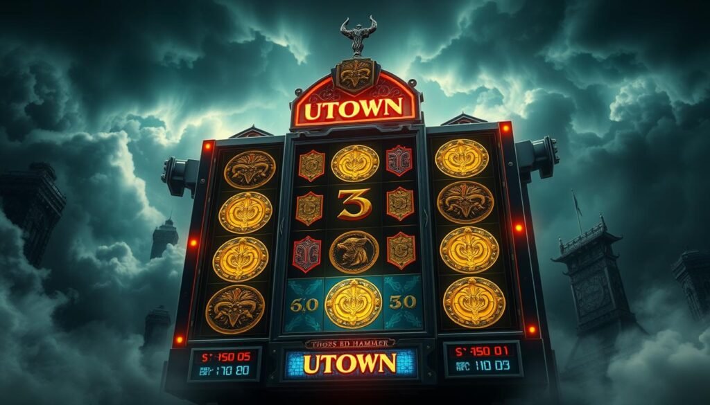 A striking image of a massive, glowing "UTown" slot machine, its reels adorned with intricate Norse-inspired symbols and designs. The machine stands tall against a backdrop of swirling mists and ominous storm clouds, evoking the might and power of the legendary Thor. Dramatic lighting illuminates the machine's sleek, metallic exterior, casting dramatic shadows and highlights that accentuate its imposing presence. The scene conveys a sense of tension and anticipation, hinting at the thrilling and potentially lucrative gameplay that awaits the player who dares to take on the "UTown" Thor's Hammer slot machine. A striking image of a massive, glowing "UTown" slot machine, its reels adorned with intricate Norse-inspired symbols and designs. The machine stands tall against a backdrop of swirling mists and ominous storm clouds, evoking the might and power of the legendary Thor. Dramatic lighting illuminates the machine's sleek, metallic exterior, casting dramatic shadows and highlights that accentuate its imposing presence. The scene conveys a sense of tension and anticipation, hinting at the thrilling and potentially lucrative gameplay that awaits the player who dares to take on the "UTown" Thor's Hammer slot machine.