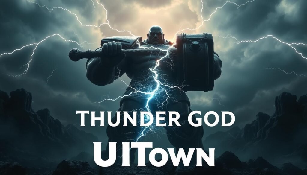 A stunning, cinematic depiction of the "Thunder God" game test version gameplay guide. A massive, imposing figure stands at the center, wielding a colossal hammer with crackling electricity emanating from its surface. The background is a dramatic, moody landscape with dark clouds, flashes of lightning, and a sense of impending power. The lighting is dramatic, casting deep shadows and highlights that accentuate the character's muscular form and the details of the weapon. The camera angle is low, looking up at the hero with a sense of awe and reverence. The overall mood is one of power, danger, and the thrill of strategic combat. In the foreground, the UTown logo is subtly incorporated, adding a touch of branding to this epic scene. A stunning, cinematic depiction of the "Thunder God" game test version gameplay guide. A massive, imposing figure stands at the center, wielding a colossal hammer with crackling electricity emanating from its surface. The background is a dramatic, moody landscape with dark clouds, flashes of lightning, and a sense of impending power. The lighting is dramatic, casting deep shadows and highlights that accentuate the character's muscular form and the details of the weapon. The camera angle is low, looking up at the hero with a sense of awe and reverence. The overall mood is one of power, danger, and the thrill of strategic combat. In the foreground, the UTown logo is subtly incorporated, adding a touch of branding to this epic scene.