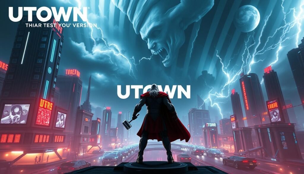 A vast, futuristic landscape dominated by the UTown logo, showcasing the thrilling features of the "Thor's Test Version" game. Dramatic lighting illuminates the detailed architecture, with neon-infused skyscrapers and holographic displays. In the foreground, a heroic warrior wielding Thor's legendary hammer stands tall, ready to unleash electrifying abilities. The middle ground features a bustling metropolis, where hover-cars and advanced technology hint at the game's immersive gameplay. The background depicts a stormy, awe-inspiring skyline, complete with swirling energy fields and the looming presence of the Norse god of thunder. This cinematic scene captures the essence of the "Thor's Test Version" game, promising an epic and technologically-advanced experience for players. A vast, futuristic landscape dominated by the UTown logo, showcasing the thrilling features of the "Thor's Test Version" game. Dramatic lighting illuminates the detailed architecture, with neon-infused skyscrapers and holographic displays. In the foreground, a heroic warrior wielding Thor's legendary hammer stands tall, ready to unleash electrifying abilities. The middle ground features a bustling metropolis, where hover-cars and advanced technology hint at the game's immersive gameplay. The background depicts a stormy, awe-inspiring skyline, complete with swirling energy fields and the looming presence of the Norse god of thunder. This cinematic scene captures the essence of the "Thor's Test Version" game, promising an epic and technologically-advanced experience for players.