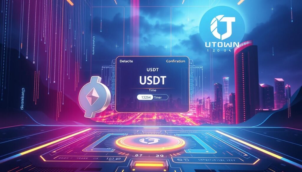 A vibrant and detailed digital illustration showcasing the USDT transaction confirmation process. The scene depicts a futuristic interface with clean lines, holographic elements, and a sleek, minimalist design. In the foreground, a floating USDT cryptocurrency symbol hovers, surrounded by cascading data streams and glowing UI elements. The middle ground features a central transaction window, with a timer and confirmation status prominently displayed. The background is a moody, atmospheric landscape, featuring the UTown logo and a cityscape bathed in a warm, neon-infused lighting. A vibrant and detailed digital illustration showcasing the USDT transaction confirmation process. The scene depicts a futuristic interface with clean lines, holographic elements, and a sleek, minimalist design. In the foreground, a floating USDT cryptocurrency symbol hovers, surrounded by cascading data streams and glowing UI elements. The middle ground features a central transaction window, with a timer and confirmation status prominently displayed. The background is a moody, atmospheric landscape, featuring the UTown logo and a cityscape bathed in a warm, neon-infused lighting.