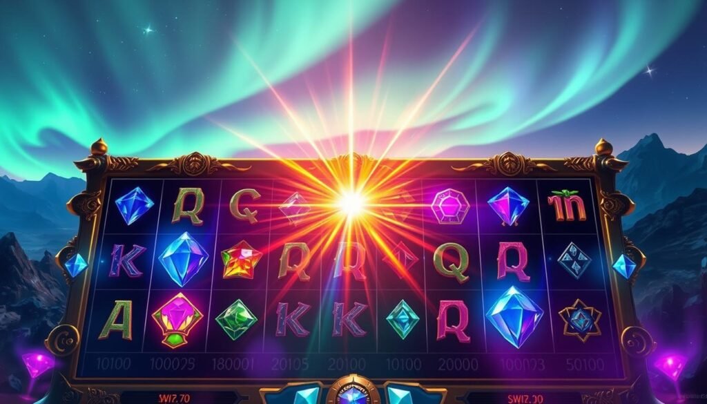 A vibrant and immersive free-to-play experience set in the fantasy world of UTown. Glowing runes and enchanted gems adorn the reels, casting a mesmerizing glow across the scene. The foreground features a captivating display of spinning symbols, framed by ornate gold detailing. In the middle ground, a mystical energy field pulses with prismatic hues, hinting at the lucrative free game features awaiting the player. The background depicts a mysterious, otherworldly landscape, with distant mountains and a shimmering aurora dancing across the sky, creating a sense of wonder and anticipation. A vibrant and immersive free-to-play experience set in the fantasy world of UTown. Glowing runes and enchanted gems adorn the reels, casting a mesmerizing glow across the scene. The foreground features a captivating display of spinning symbols, framed by ornate gold detailing. In the middle ground, a mystical energy field pulses with prismatic hues, hinting at the lucrative free game features awaiting the player. The background depicts a mysterious, otherworldly landscape, with distant mountains and a shimmering aurora dancing across the sky, creating a sense of wonder and anticipation.