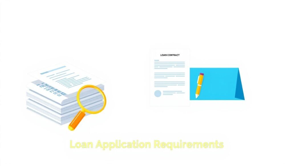 A vibrant infographic depicting the key aspects of personal loan applications, showcasing a clean and organized layout. In the foreground, a stack of documents, a magnifying glass, and a calculator symbolize the application process. The middle ground features an elegant illustration of a loan contract with relevant details. The background displays a neutral color palette, allowing the central elements to stand out prominently. The overall composition conveys a sense of professionalism, reliability, and attention to detail, perfectly suited to illustrate the "Loan Application Requirements" section of the article.