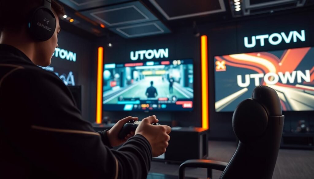 A well-lit scene of a modern, high-tech gaming studio with a large video screen displaying a live video feed of a professional gamer engaged in an intense real-time virtual gaming session. The gamer is leaning forward, eyes focused intently on the screen, fingers deftly manipulating a state-of-the-art gaming controller. The studio is adorned with UTown branding, conveying a sense of cutting-edge technology and immersive gaming experiences. Subtle lighting and camera angles emphasize the gravity and concentration of the gamer, highlighting the importance of understanding game rules and strategies for competitive success.