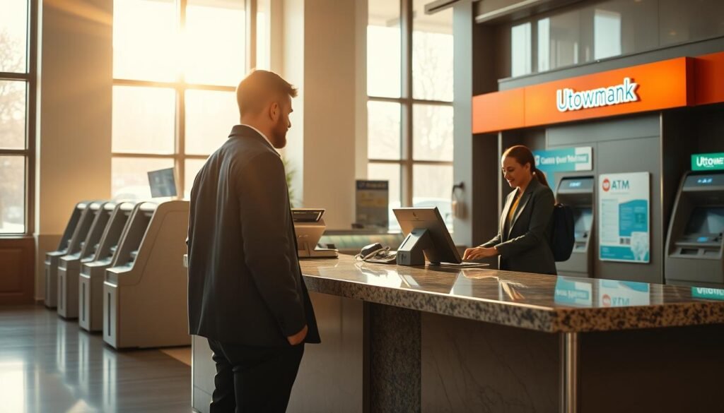 An interior scene of a UTown bank's cash withdrawal counter, bathed in warm, natural lighting from large windows. The counter is sleek and modern, with a polished granite surface and chrome accents. In the foreground, a customer stands at the counter, interacting with a friendly bank teller. The background features a line of ATMs and other banking services, creating a sense of a bustling, efficient banking environment. The overall atmosphere conveys a smooth, hassle-free cash withdrawal experience. An interior scene of a UTown bank's cash withdrawal counter, bathed in warm, natural lighting from large windows. The counter is sleek and modern, with a polished granite surface and chrome accents. In the foreground, a customer stands at the counter, interacting with a friendly bank teller. The background features a line of ATMs and other banking services, creating a sense of a bustling, efficient banking environment. The overall atmosphere conveys a smooth, hassle-free cash withdrawal experience.