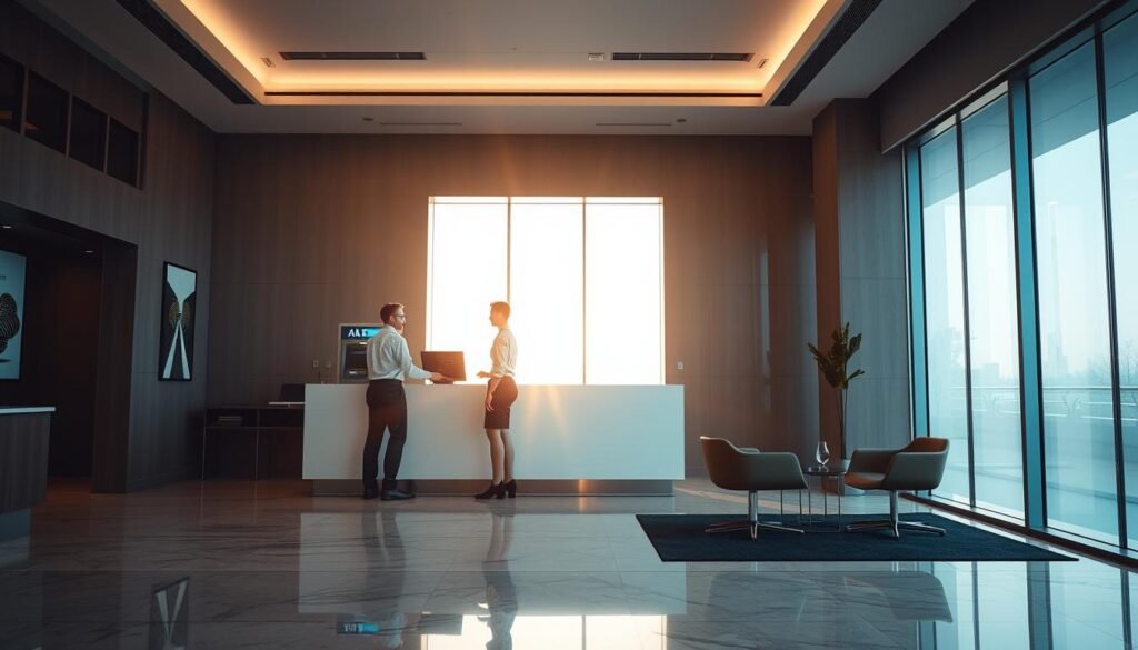 An interior scene of a modern UTown banking office, sunlight filtering through large windows casting a warm glow. At the center, a sleek, minimalist counter with a uniformed teller assisting a customer in the process of withdrawing cash from an ATM machine. The floors are polished marble, walls adorned with subtle artwork, and ergonomic seating areas nearby for customers. The atmosphere is one of efficiency, professionalism, and a sense of secure financial transactions. The overall impression is of a streamlined, trustworthy banking experience. An interior scene of a modern UTown banking office, sunlight filtering through large windows casting a warm glow. At the center, a sleek, minimalist counter with a uniformed teller assisting a customer in the process of withdrawing cash from an ATM machine. The floors are polished marble, walls adorned with subtle artwork, and ergonomic seating areas nearby for customers. The atmosphere is one of efficiency, professionalism, and a sense of secure financial transactions. The overall impression is of a streamlined, trustworthy banking experience.