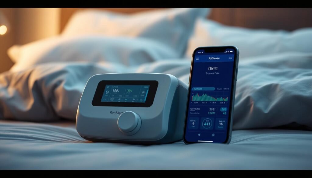 Generate an image of a ResMed AirSense 11 sleep apnea machine with a smartphone displaying treatment data. Generate an image of a ResMed AirSense 11 sleep apnea machine with a smartphone displaying treatment data.
