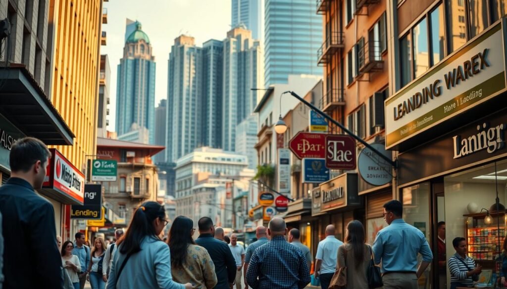 A bustling street scene in a vibrant urban setting, showcasing the diverse world of private lending. In the foreground, a group of people engaged in animated discussions, negotiating loan terms against the backdrop of a towering financial district. The middle ground features a mix of small businesses and lending offices, their signage and window displays hinting at the range of private lending options available. In the distance, a blend of traditional and modern architecture frames the scene, conveying a sense of the dynamic and ever-evolving nature of the private lending landscape. Warm, golden lighting casts a subtle glow, creating an atmosphere of trust and opportunity. The overall composition suggests the integral role that private lending plays in the daily lives and livelihoods of the community.