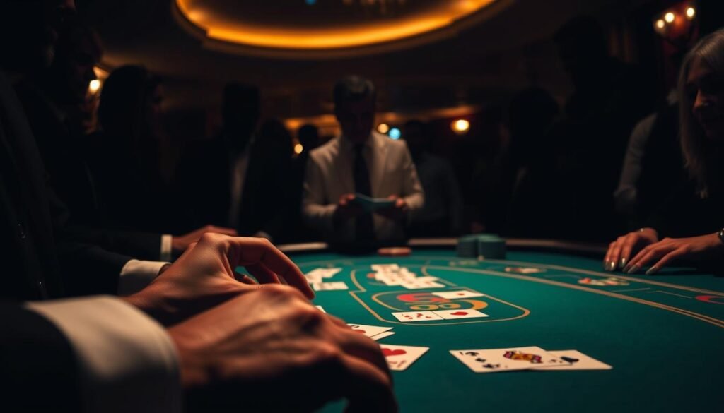 A dimly lit casino table, the green felt surface a canvas for the iconic baccarat game. In the foreground, a dealer's hands expertly manipulate the cards, the delicate movements capturing the essence of the rules. Shadowy figures crowd around, their faces obscured, focused intently on the unfolding drama. Overhead, a soft, warm light casts a gentle glow, lending an air of sophistication and intrigue. The scene exudes the gravity and importance of understanding the nuances of baccarat, a game of strategy and chance that can unlock greater rewards for the discerning player.