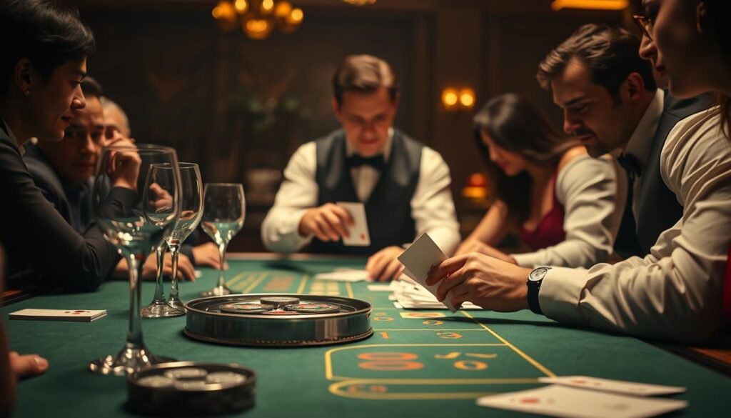 A dimly lit casino table, the green felt surface a canvas for the intricate rules of baccarat. Elegant crystal glasses and a silver tray of casino chips sit at the edge, hinting at the high-stakes atmosphere. In the center, a croupier in a crisp white shirt and black vest deals the cards with practiced precision, their movements captured in a shallow depth of field. The players, their faces obscured in shadow, lean in with rapt attention, captivated by the unfolding game. Warm lighting casts a golden glow, creating a sense of anticipation and mystery. The overall scene evokes the sophisticated allure of the baccarat table, inviting the viewer to delve deeper into its captivating rules and strategies.